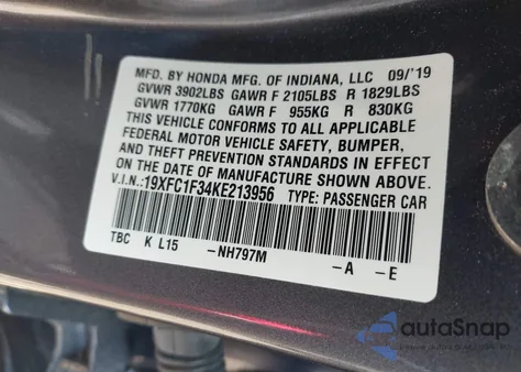 2019 Honda Civic Ex z USA, uszkodzony, nr VIN 19XFC1F34KE213956